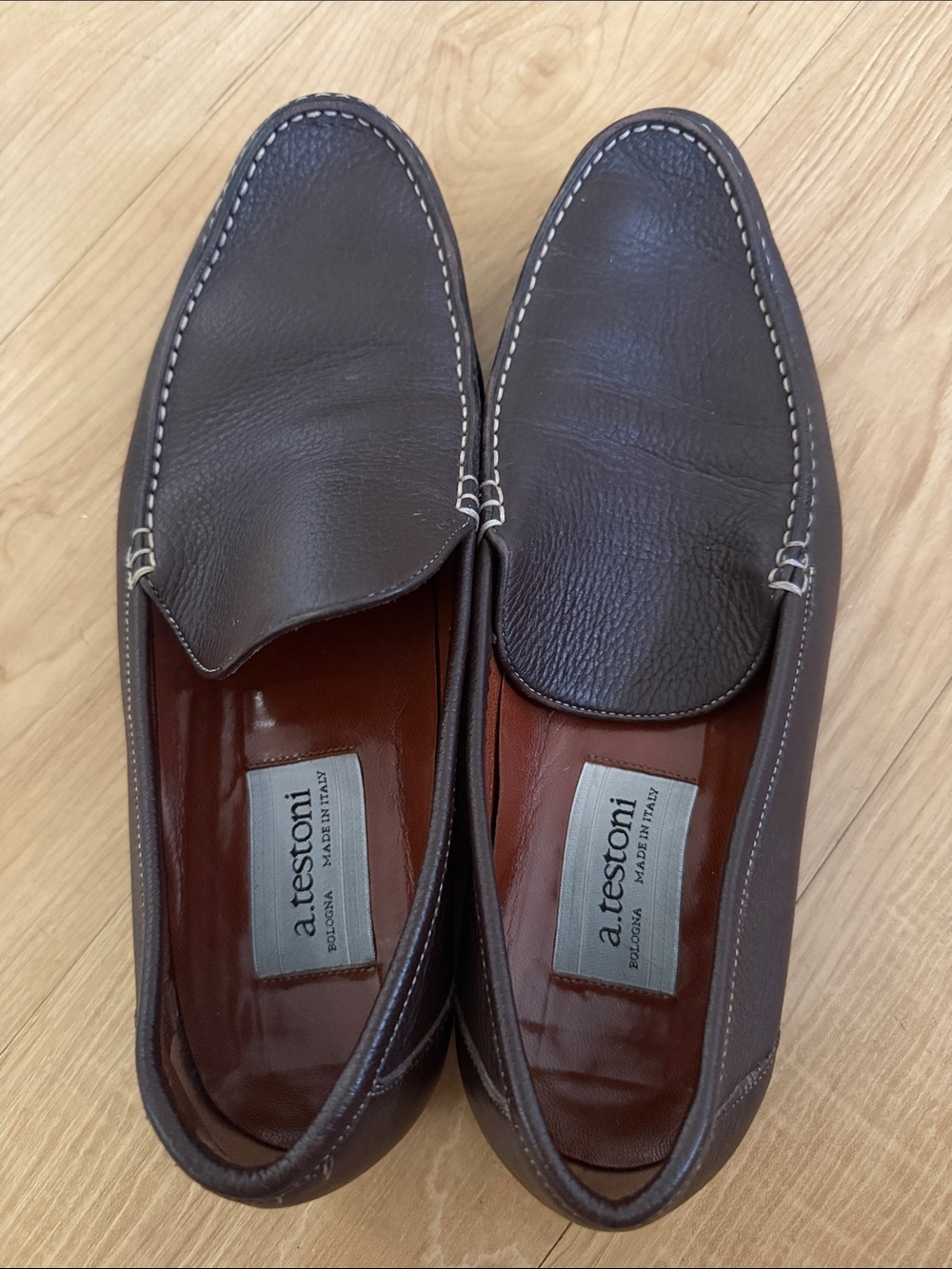 a. testoni Dark Brown Pebbled Leather Slip-On Loafers